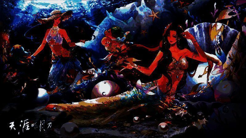 《天涯明月刀》【浮光·光与沫】外观预览，角色身穿浅蓝色流苏长裙，站在海边月光下，周围漂浮着发光泡沫