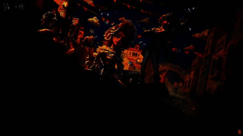 调酒师芙拉吉尔身着破碎琉璃长裙，脚戴镣铐，手持盛满彩酒的透明手包，站在彩虹光影中，眼神忧伤而坚定