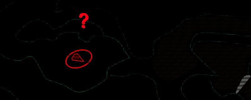 游戏地图截图，箭头指向基地以北富集物区域左上方的一棵树干，标注童子军徽章的可能刷新点