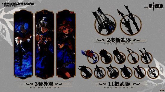 三套新外观展示，风格分别为机械装甲、古典长裙与未来战衣