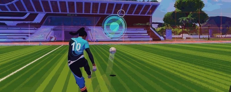 《开球！REMATCH》游戏内对战画面，两名角色在绿茵场上激烈拼抢，球体高速飞行，画面充满动感