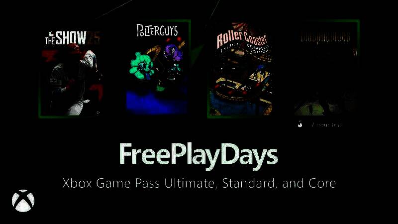 Xbox免费游戏活动页面截图，展示《过山车大亨3》《MLB25》《捣蛋幽灵》等游戏图标