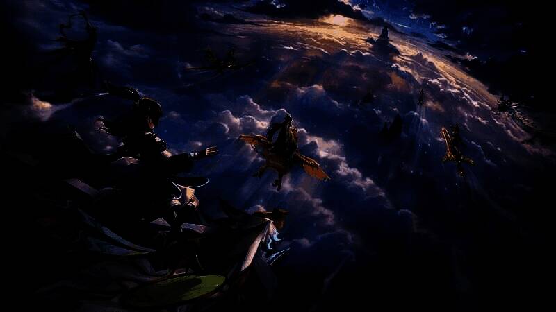 玩家操控角色在云端御剑飞行，身后跟随灵兽，前方是巍峨的浮空仙门，云雾缭绕