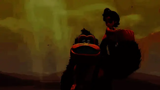 《咚奇刚：蕉力全开》合作模式画面，两名玩家分别操控咚奇刚与宝琳，场景中可见体素构成的动态建筑与特效