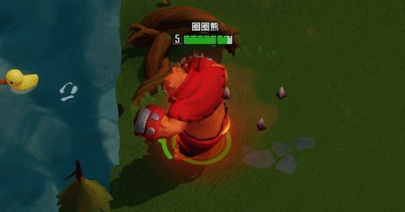 圈圈熊抓住敌人后发动冲拳，将其击飞至正在塌陷的边缘地块，敌人瞬间掉落