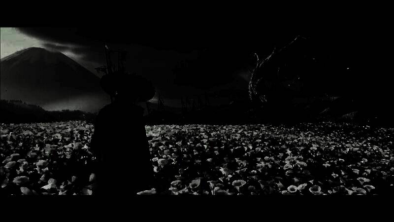 游戏在黑泽明模式下呈现的战斗画面，黑白影像中刀光交错，极具戏剧张力