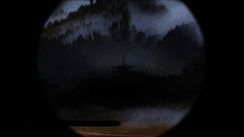 主角在神社前祈祷，周围灯笼微光闪烁