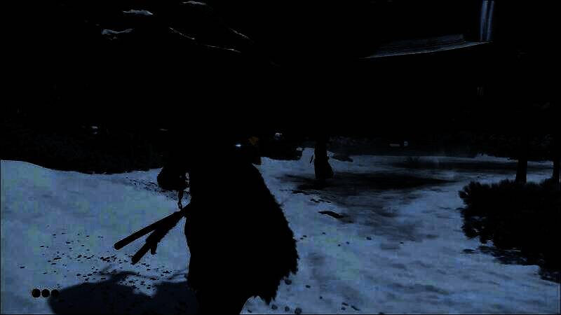 主角在暴风雪中独行，背影孤独而坚定