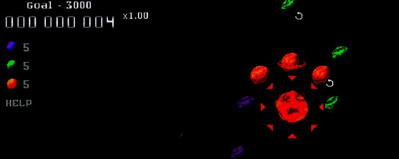 《Gyre》游戏主界面展示，星空背景下多个动态轨道环绕中心旋转，行星与道具卡牌有序排列，整体画面充满科幻美感