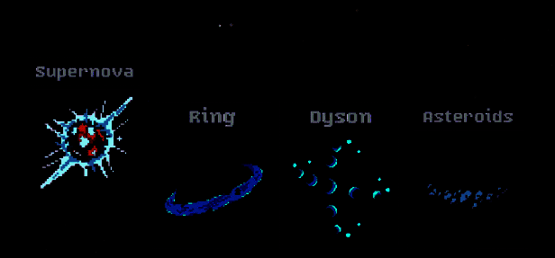 增强道具图鉴界面，展示Supernova、环、Dyson Sphere和小行星等道具的图标与说明，背景为星光闪烁的宇宙空间