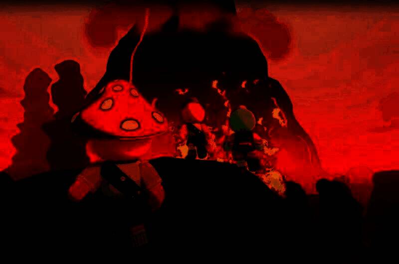 Aggro Crab与Landfall Games团队在韩国民宿内集体开发游戏的场景，墙上贴满手绘设计稿，成员围坐电脑前专注 coding