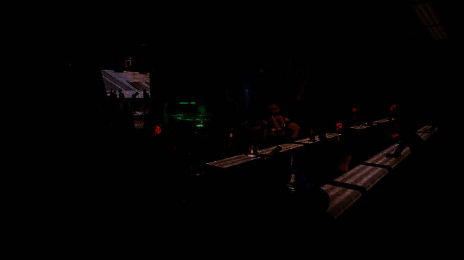 《沙丘：觉醒》Deep Desert区域游戏画面，黄沙漫天，玩家角色在废墟中探索，远处有机械残骸和风暴迹象