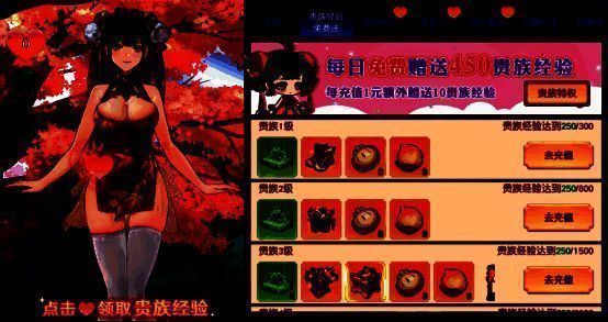 贵族系统界面展示，等级进度条已提升至高等级，特权列表全面解锁，彰显尊贵身份