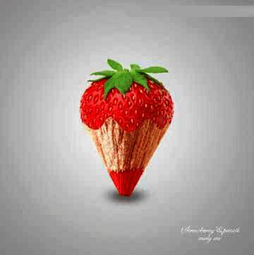 最终合成效果图：一支由草莓与铅笔结合而成的创意图像，色彩鲜艳，光影自然，极具艺术感