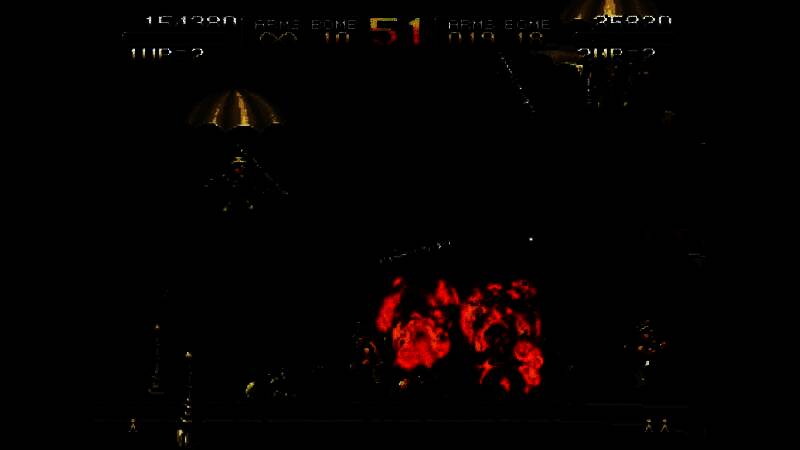 《合金弹头》经典战斗场景，角色手持重武器在爆炸火光中奔跑，背景充满像素风格的军事基地与敌军