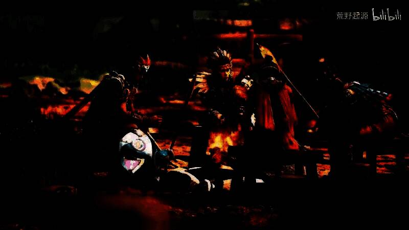 黄昏下的荒野场景，机械残骸遍布，远处有发光的植物与飞行机械兽