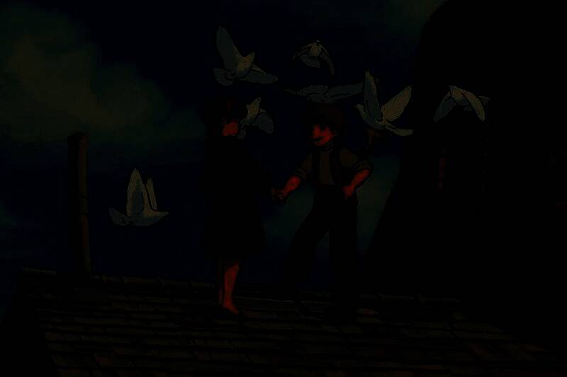 《天空之城》动画中帕祖驾驶飞行器穿越浮空岛屿的经典画面