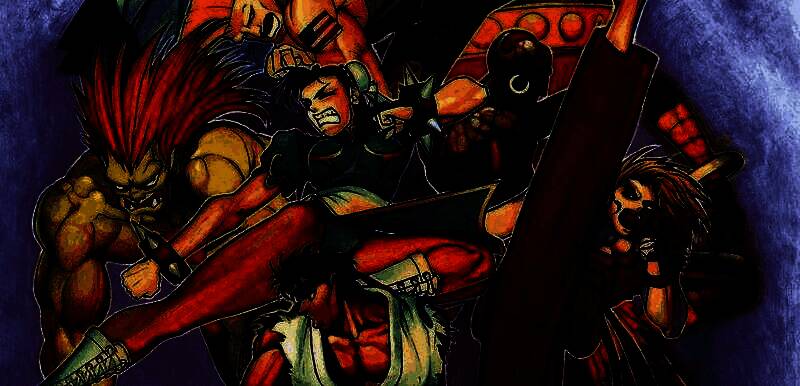 安田朗在卡普空时期的工作照，背景为手绘风格的游戏角色设计稿，墙上贴满概念草图