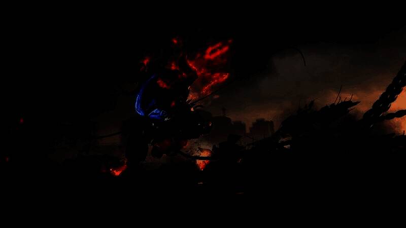 《钢铁猎手》游戏主视觉图，机甲角色站立于废墟战场之上，背景硝烟弥漫，充满未来战争氛围