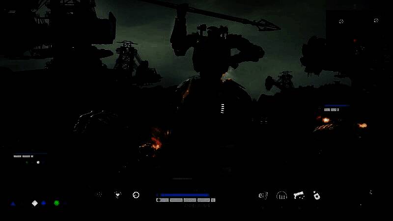 游戏内多人对战场景，两支机甲小队在城市废墟中激烈交火，技能特效交织