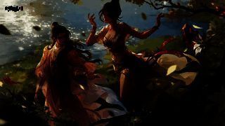 新角色公孙灵立绘展示，身着飘逸长裙手持长剑，背景为梨花纷飞的古风庭院