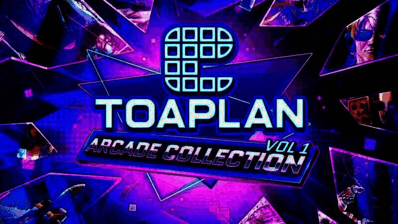 《Toaplan Arcade Collection》游戏合集封面展示图，复古风格LOGO搭配多款经典游戏角色与战机元素，充满怀旧街机氛围