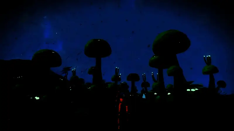 玩家在异星地表驾驶机甲探索，远处是巨大生物‘利维坦’的剪影，天空呈现诡异紫色极光