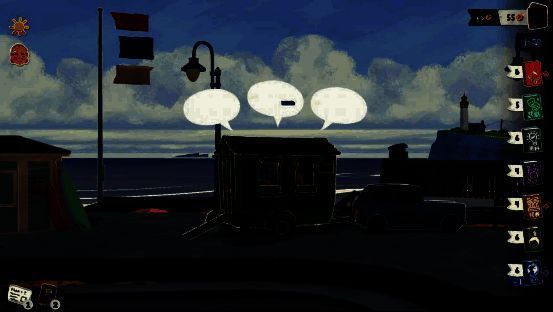 《小小书店》游戏画面展示，温馨的书店内部布置，窗外是蔚蓝大海，角色正在整理书架