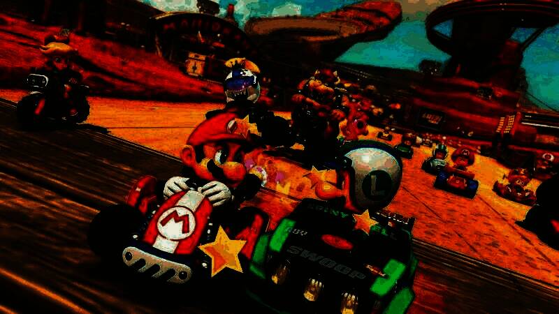 《马里奥赛车：世界》游戏画面，多名角色驾驶不同风格赛车在彩虹赛道上竞速，画面绚丽，特效丰富