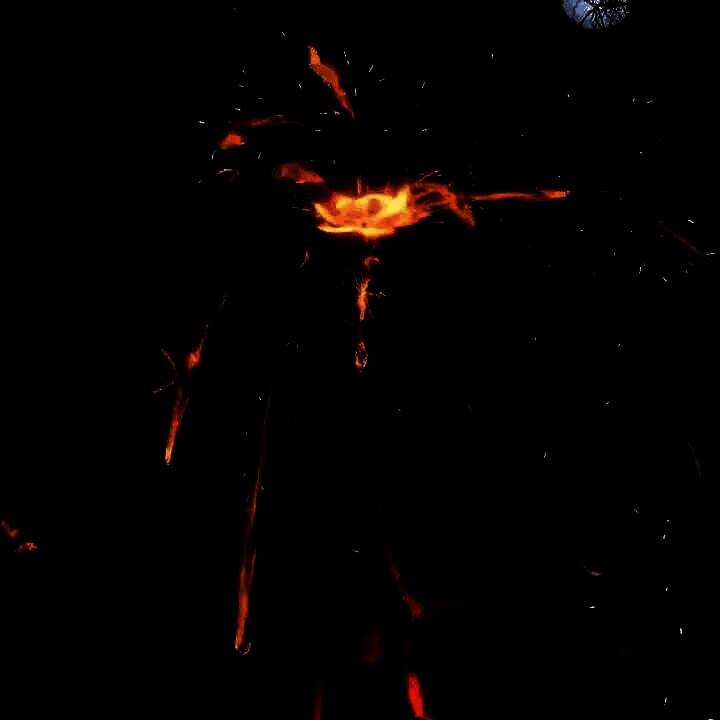 巴蜀山城夜景，火光映照废墟，主角缓步前行，氛围压抑