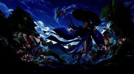 曹宪夏日限定皮肤立绘，身穿清凉汉服，手持团扇，背景为荷花池，充满夏日气息