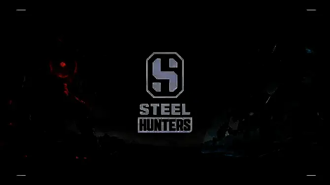 《钢铁猎手》游戏主界面展示，未来感十足的机甲角色站立于废土战场中央，背景为爆炸火光与金属残骸