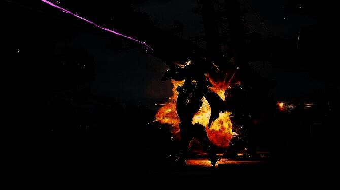 游戏中两名机甲玩家协同作战，一人持重型狙击枪掩护，另一人使用喷火装置清理掩体后敌人