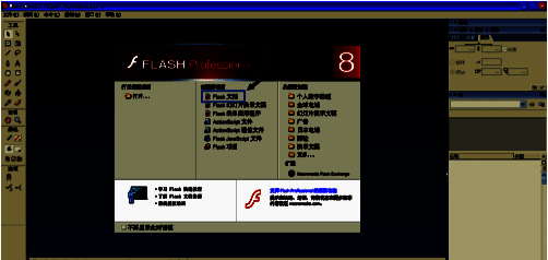 Macromedia Flash 8软件界面，显示新建文档后的初始舞台布局