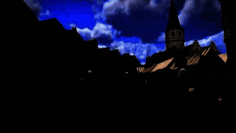 中世纪风格房屋内部概念图，木质梁柱结构，壁炉燃烧，书架与武器架陈列，窗外可见城堡轮廓