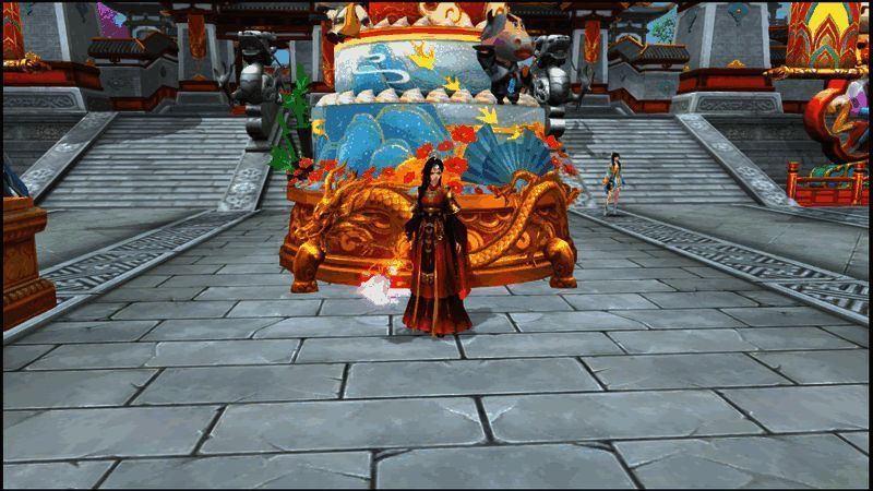 玩家角色在主城中展示万象升平时装，周围其他玩家驻足观看