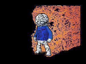 小蓝套装动态展示，香肠角色穿着蓝色卫衣戴帽子，手持咖啡杯跳跃，动作俏皮