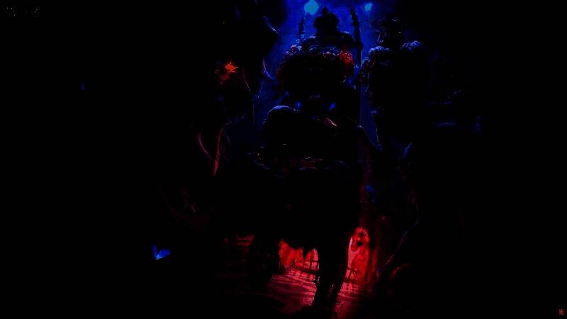 石榴碟小姐站在华丽宅邸中央，周围光影迷离，象征记忆与现实交织的幻境