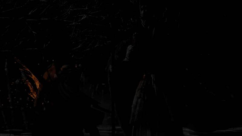 《明末：渊虚之羽》游戏内场景截图，昏暗的古庙中角色手持长刀面对巨大触手怪物，氛围阴森