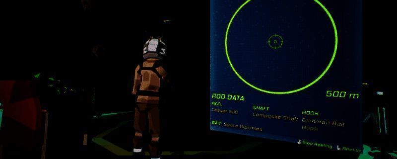 玩家在小行星上使用太空钓竿垂钓，背景是璀璨星河，钓线延伸至宇宙深处