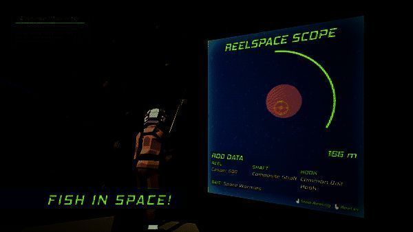玩家正在使用Reelscope设备与一条发光的太空鱼进行激烈收线对抗，屏幕上显示动态张力曲线