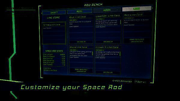 工作台界面展示多种可更换的钓竿零件，包括发光诱饵、金属鱼钩和高科技卷线器