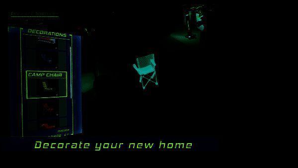 装饰后的小行星家园，有绿植、座椅和照明装置，远处可见漂浮的星球和星环