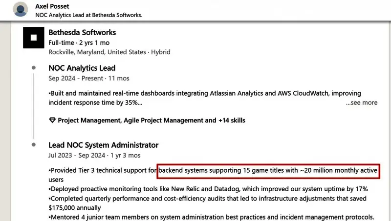Bethesda高管领英动态截图，展示旗下多款游戏月活跃用户均突破2000万的统计数据
