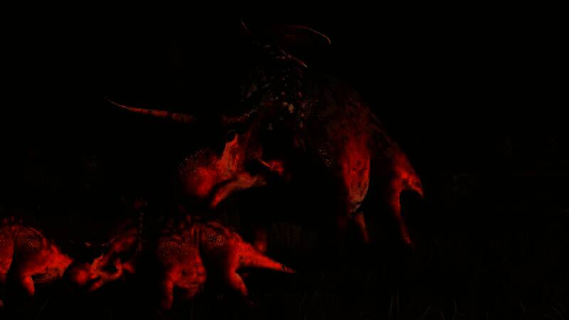 洛基角龙群体在湿地环境中悠闲行走，背景为茂密植被与水塘，展现其理想栖息地