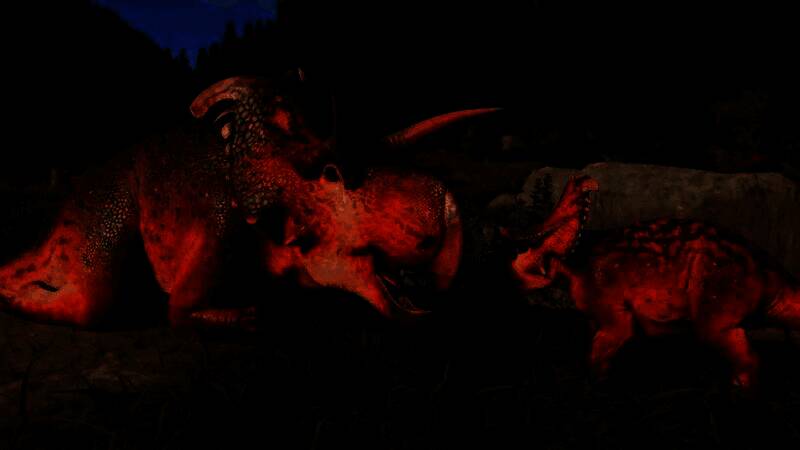 两只洛基角龙正在进行角斗，前肢蹬地，犄角相撞，尘土飞扬，场面激烈