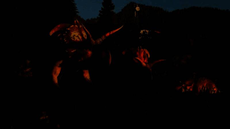 玩家第一视角观察洛基角龙群，镜头缓缓推进，细节刻画逼真