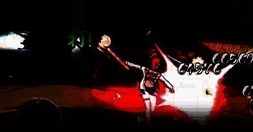 夏日香燐使用橡皮锤冲击技能的战斗画面，角色旋转前冲，周围泛起水花特效