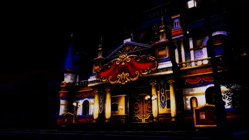 格兰泽多拉剧院外观全景，一座宏伟的古典风格建筑矗立在王国中心，周围环绕着繁华街道与飘扬的旗帜