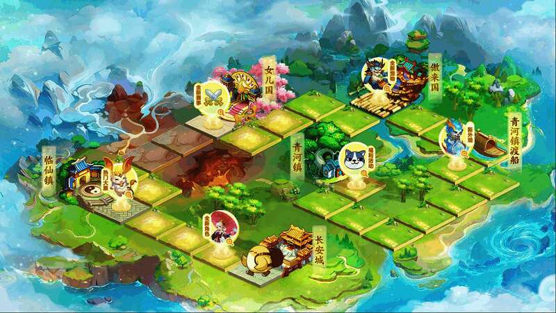 三界探宝网页活动页面，背景为节日灯笼与烟花，玩家点击探宝按钮触发抽奖动画